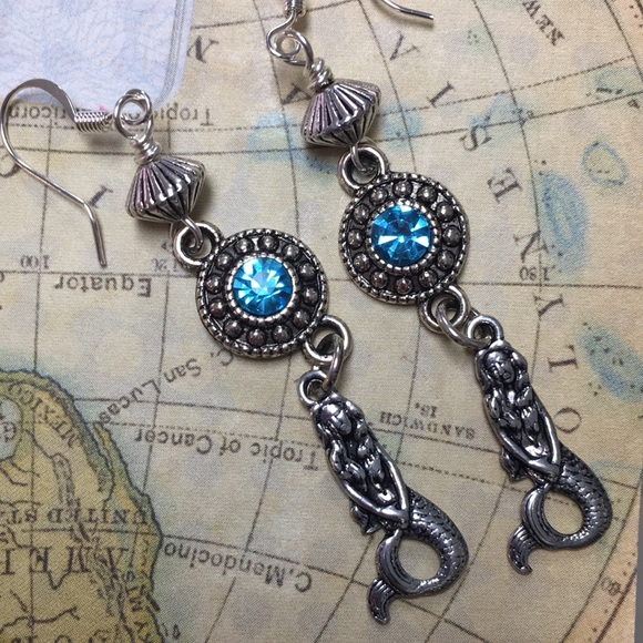 cocovalli Jewelry - Silver mermaid aqua crystal earrings handmade